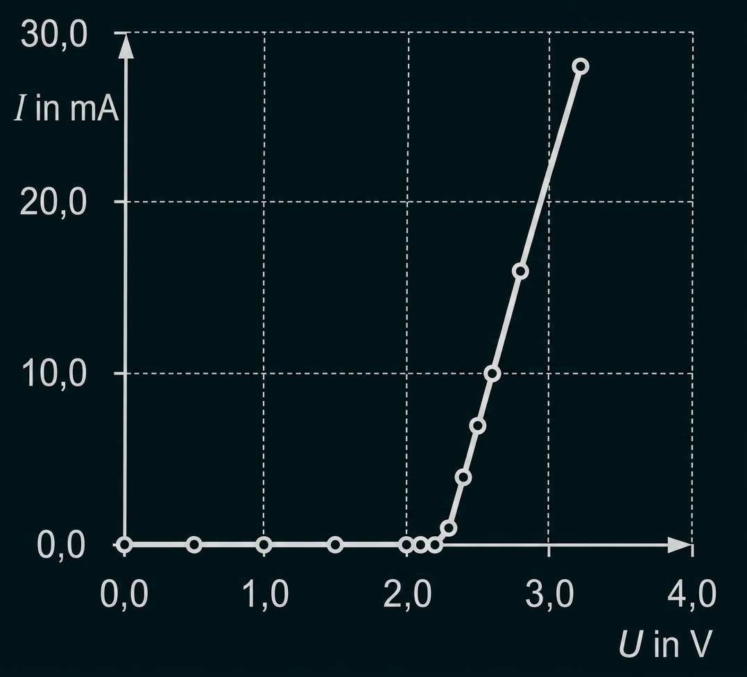 Diagramm: Strom (mA) gegen Spannung (V), Strom ~0 bis 2,2 V, dann steiler Anstieg bis etwa 30 mA.
