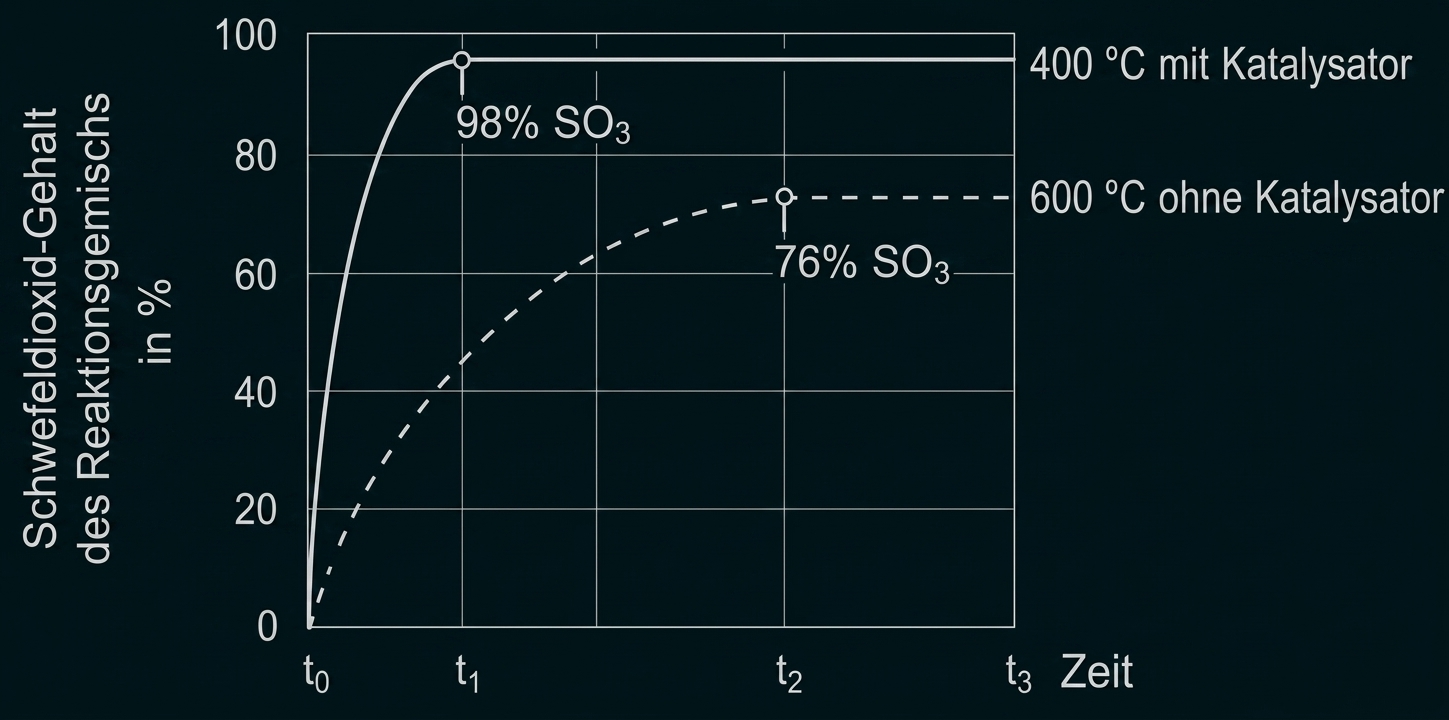 Diagramm: SO3-Gehalt des Reaktionsgemischs über Zeit, zwei Kurven – mit Katalysator (400 °C) schnell zu 98%, ohne (600 °C) langsamer zu 76%