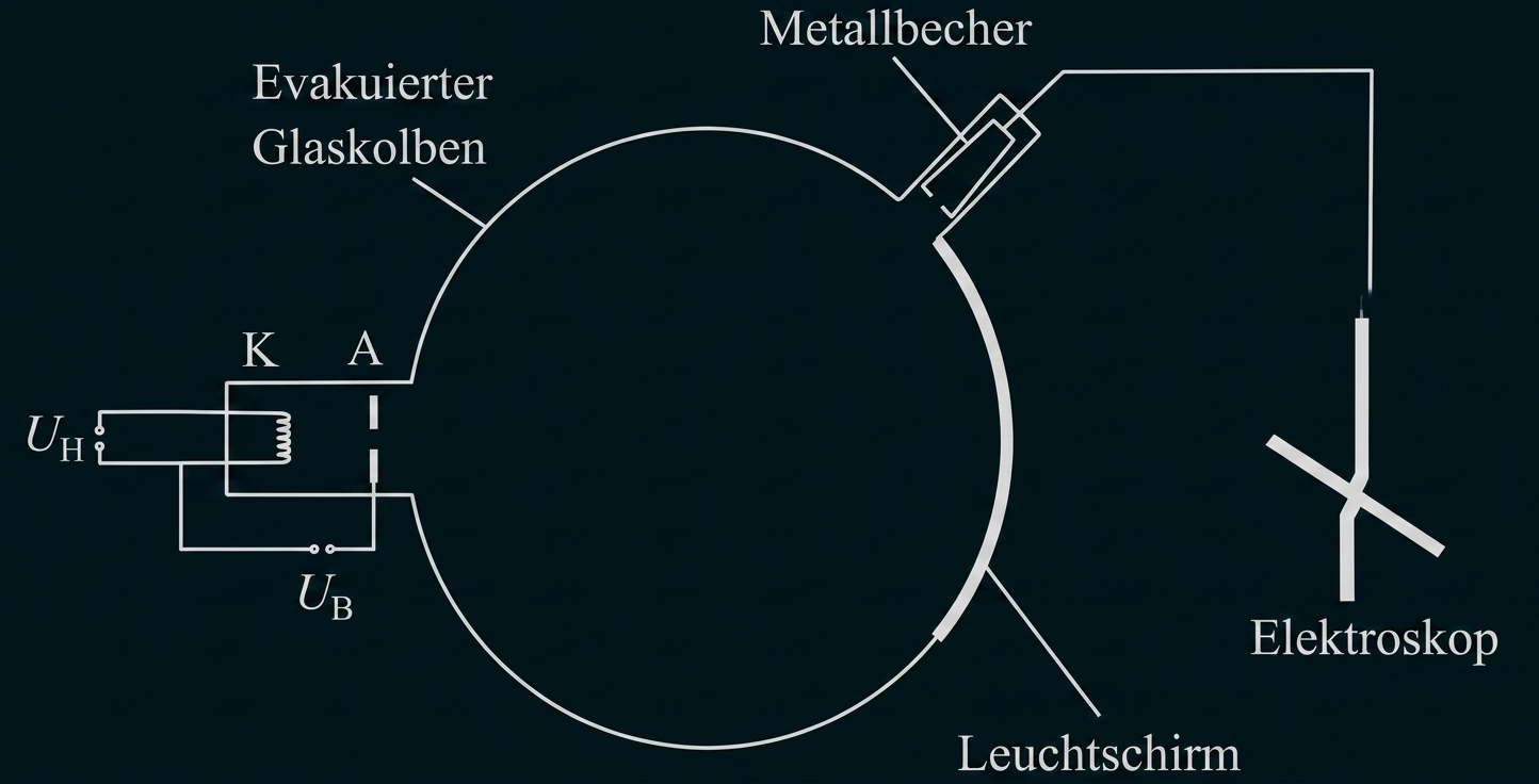 Evakuierter Glaskolben mit Leuchtschirm, Metallbecher und Elektroskop (schematische Darstellung)