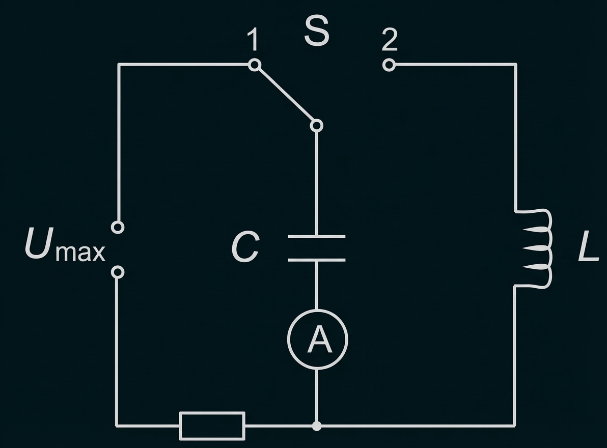 Schaltbild: Schalter S, Kondensator C, Spule L, Amperemeter A und Spannungsquelle Umax