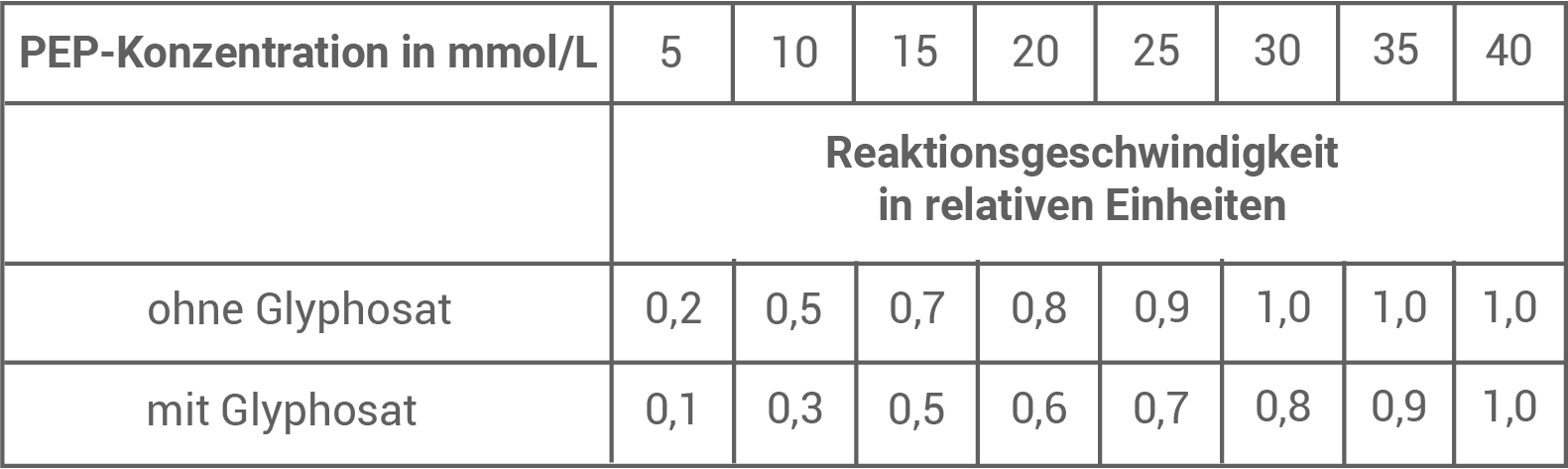 Tabelle zur PEP-Konzentration in mmoll/L und Reaktionsgeschwindigkeit mit und ohne Glyphosat.
