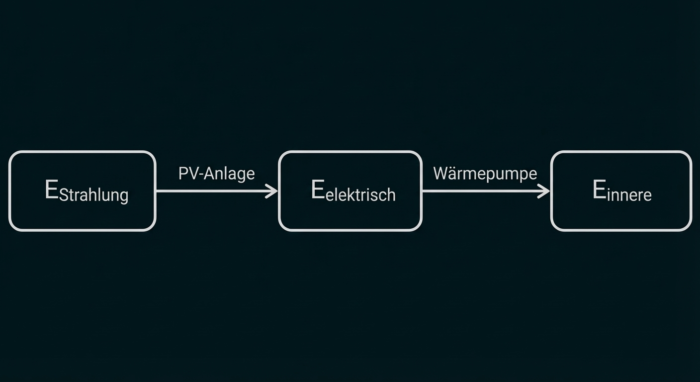 Pfeildiagramm: Strahlung → PV-Anlage → elektrische Energie → Wärmepumpe → innere Energie
