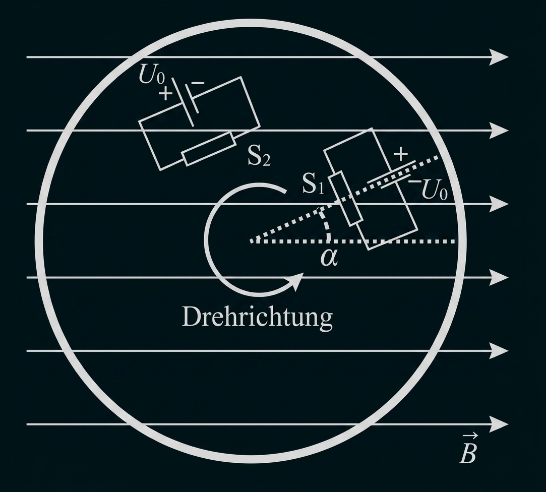 Schaubild: Kreisförmige Rotation mit zwei Sensoren, Spannungsquellen, Winkel α und Richtung eines Magnetfelds nach rechts.
