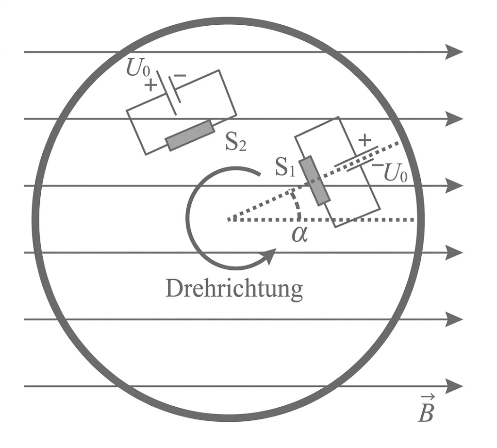 Schaubild: Kreisförmige Rotation mit zwei Sensoren, Spannungsquellen, Winkel α und Richtung eines Magnetfelds nach rechts.