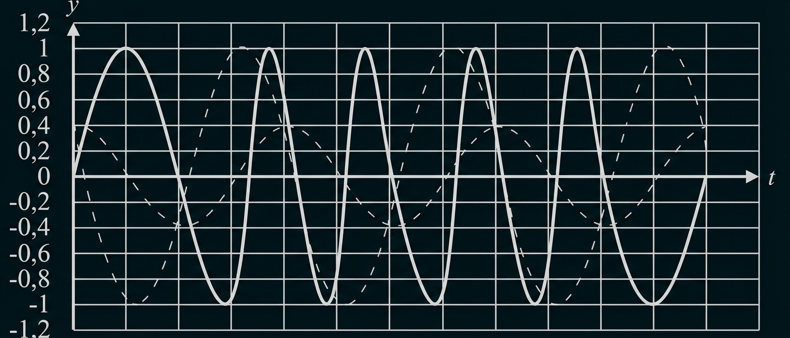 Gitterdiagramm mit zwei Sinuskurven (durchgezogen und gestrichelt), y- und t-Achse