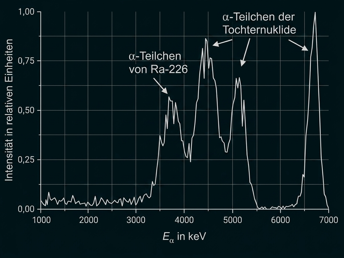 Diagramm mit α-Teilchen-Spektrum und Intensitätsverlauf in Abhängigkeit von der Energie.