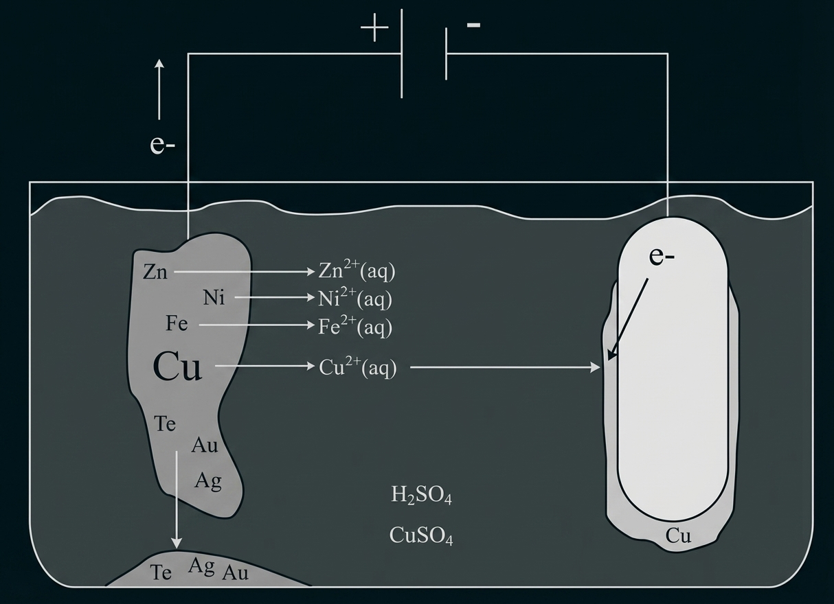 Schema elektrolytische Kupferraffination mit Elektroden Kathode Anode Spannungsquelle Anodenschlamm