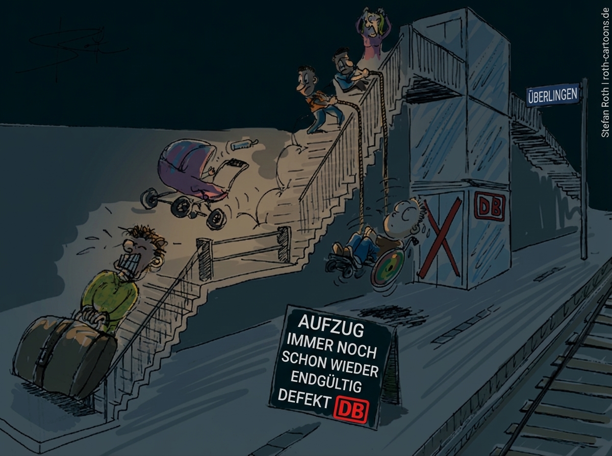Karikatur: Barrierefreiheit am Bahnhof? defekter Aufzug, Kinderwagen, Gepäck und Rollstuhl