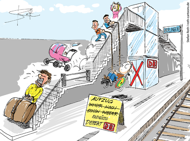 Karikatur: Barrierefreiheit am Bahnhof? defekter Aufzug, Kinderwagen, Gepäck und Rollstuhl
