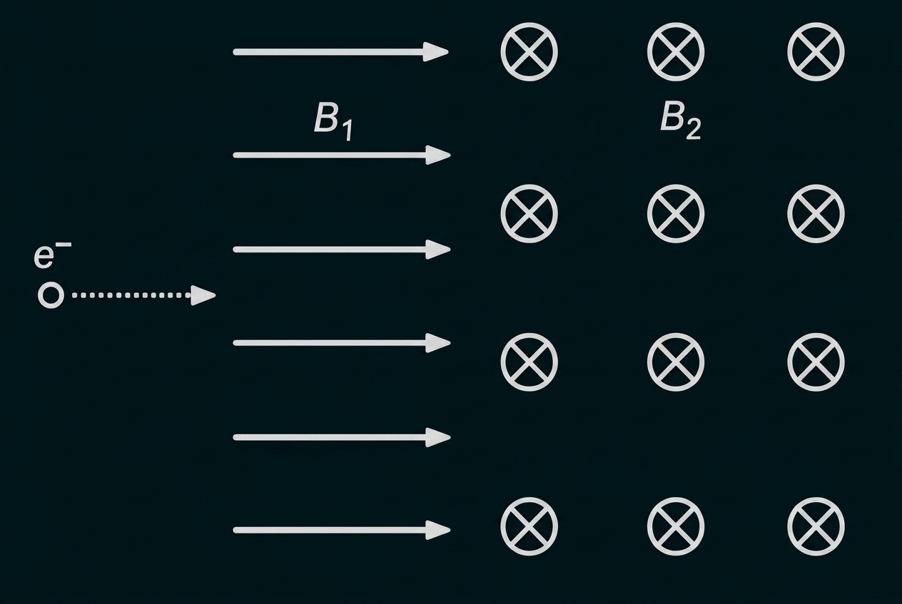 Schematische Grafik mit Elektronenstrahl im Magnetfeld B1 und B2 sowie Kreuzen als Feldsymbole.