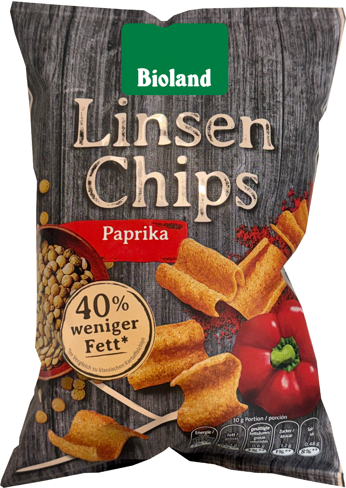 Packung mit Bioland Linsen Chips, Geschmacksrichtung Paprika, 40% weniger Fett im Vergleich zu klassischen Kartoffelchips.