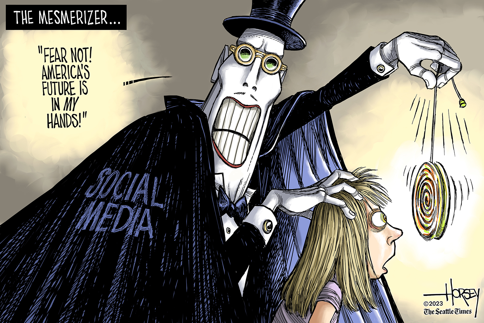 Karikatur eines hypnotisierenden Charakters, der eine Person mit einem Kettenanhänger anzieht, mit dem Text über soziale Medien.
