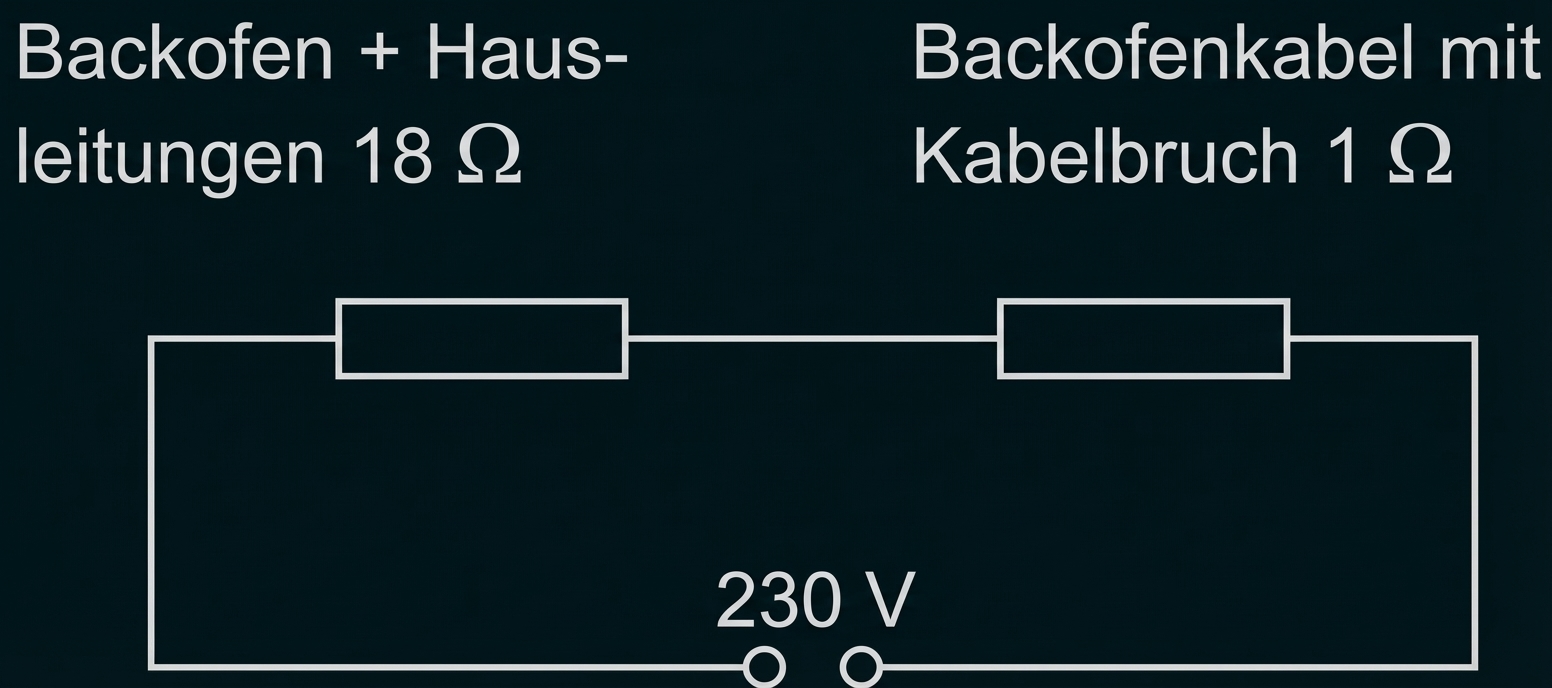 Schaltbild: Kreis mit zwei Widerständen oben (Backofen+Hausleitungen 18 Ω, Backofenkabel mit Kabelbruch 1 Ω) und 230 V
