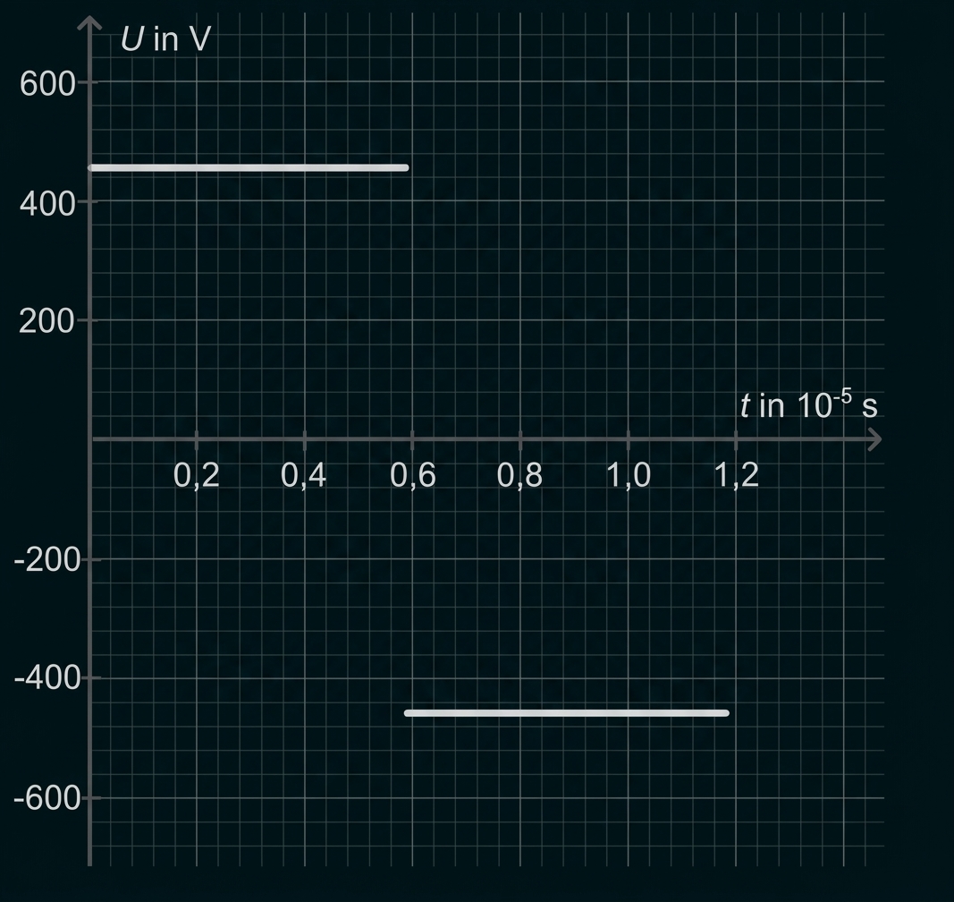Diagramm mit U (V) gegen t (10^-5 s), zwei horizontale Linien bei etwa +450 V und -450 V