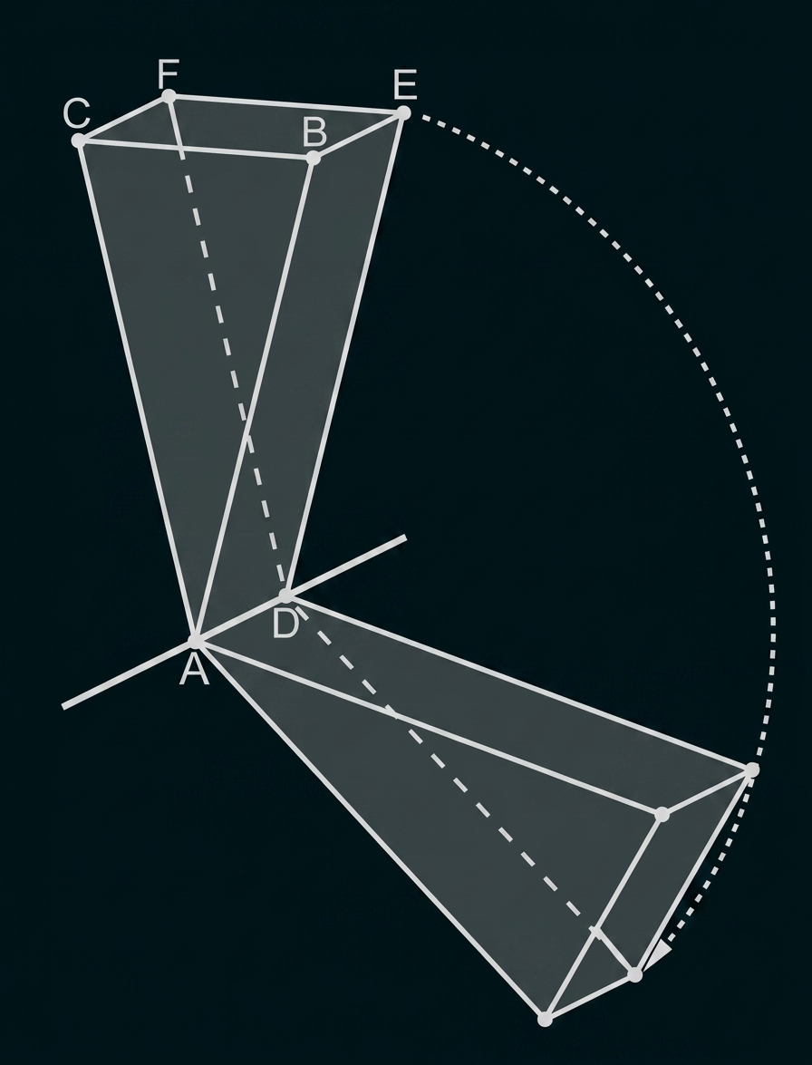 Geometrische Skizze: zwei gedrehte, schattierte Pyramiden mit gemeinsamer Spitze A, beschrifteten Eckpunkten und Rotationsbogen.