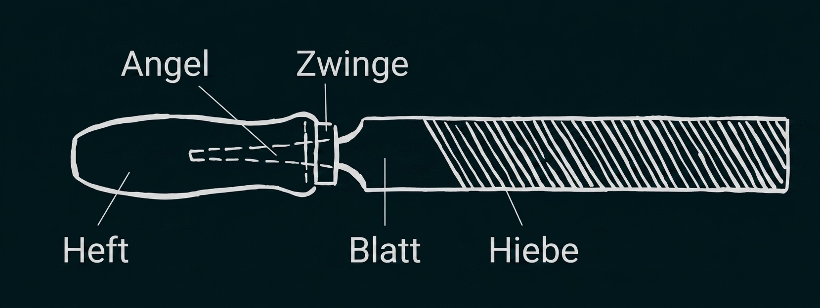 Skizze eines Messers mit beschrifteten Teilen: Angel, Zwinge, Heft, Blatt und Hiebe