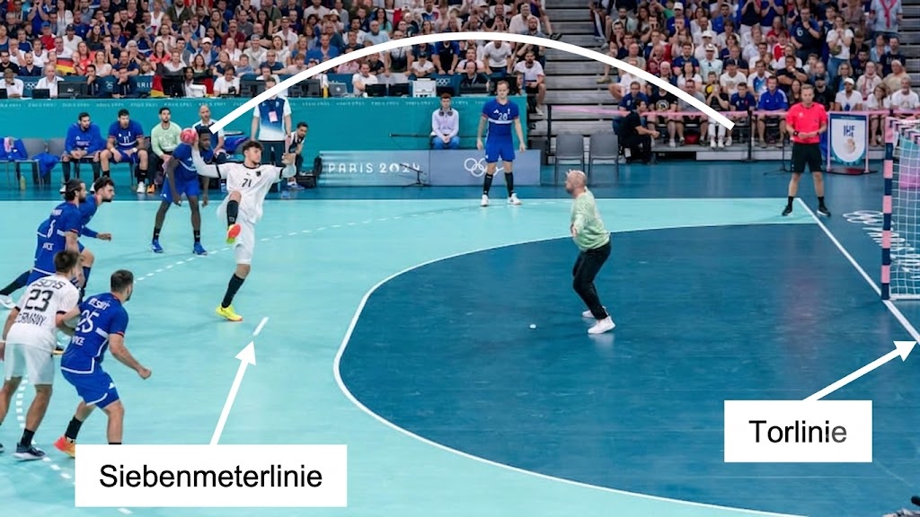 Handballszene mit markierter Siebenmeterlinie und Torlinie
