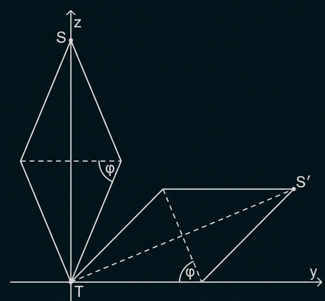 Skizze mit Koordinatenachsen, Punkten T, S, S' und zwei Dreiecken mit markierten Winkeln φ