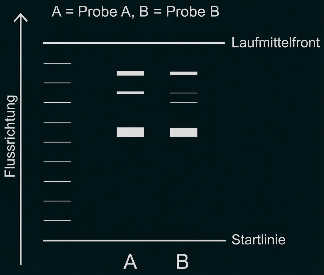 Schematische Darstellung Dünnschichtchromatographie von Proben A und B mit Banden, Flussrichtung nach oben, Startlinie unten und Laufmittelfront oben.