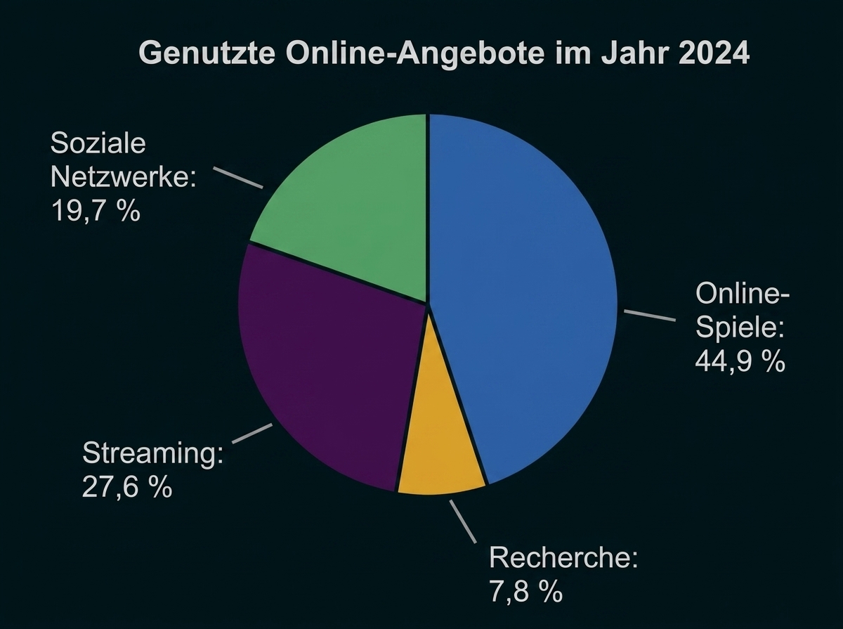 Kreisdiagramm zu genutzten Online-Angeboten 2024 mit Online-Spiele, Streaming, soziale Netzwerke und Recherche