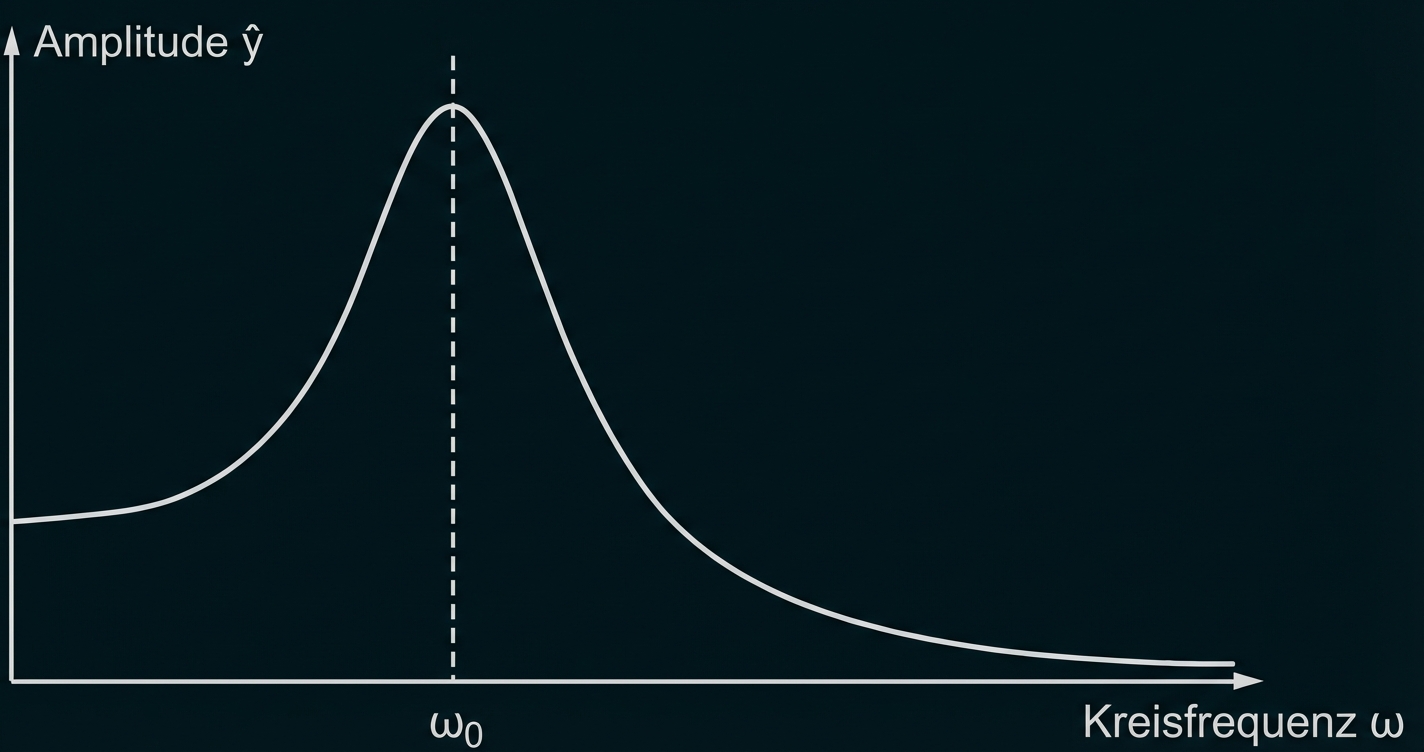 Diagramm: Amplitude ŷ gegen Kreisfrequenz ω, Resonanzpeak bei ω₀ (gestrichelte Linie)
