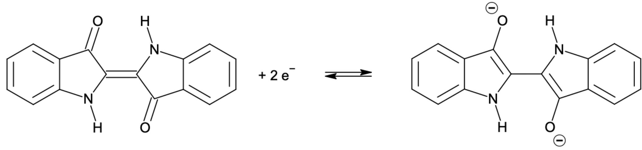Chemische Strukturformeln von Indigo und seiner reduzierten Form Leukoindigo mit Gleichgewichtspfeil und zwei Elektronen