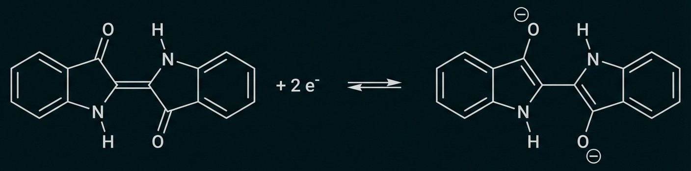 Chemische Strukturformeln von Indigo und seiner reduzierten Form Leukoindigo mit Gleichgewichtspfeil und zwei Elektronen