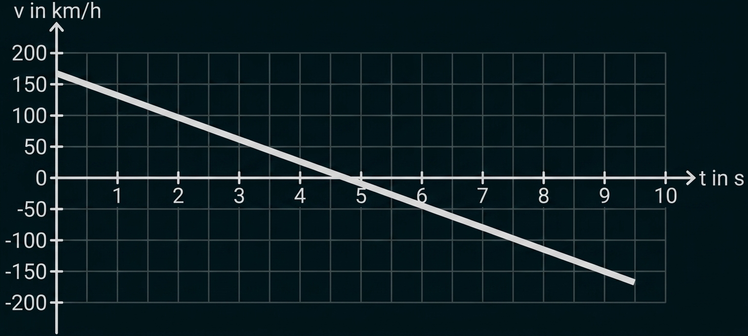 Graph: Gerade fallend, Geschwindigkeit von ~160 km/h (t=0) zu ~-160 km/h (t=10), Null bei t=5