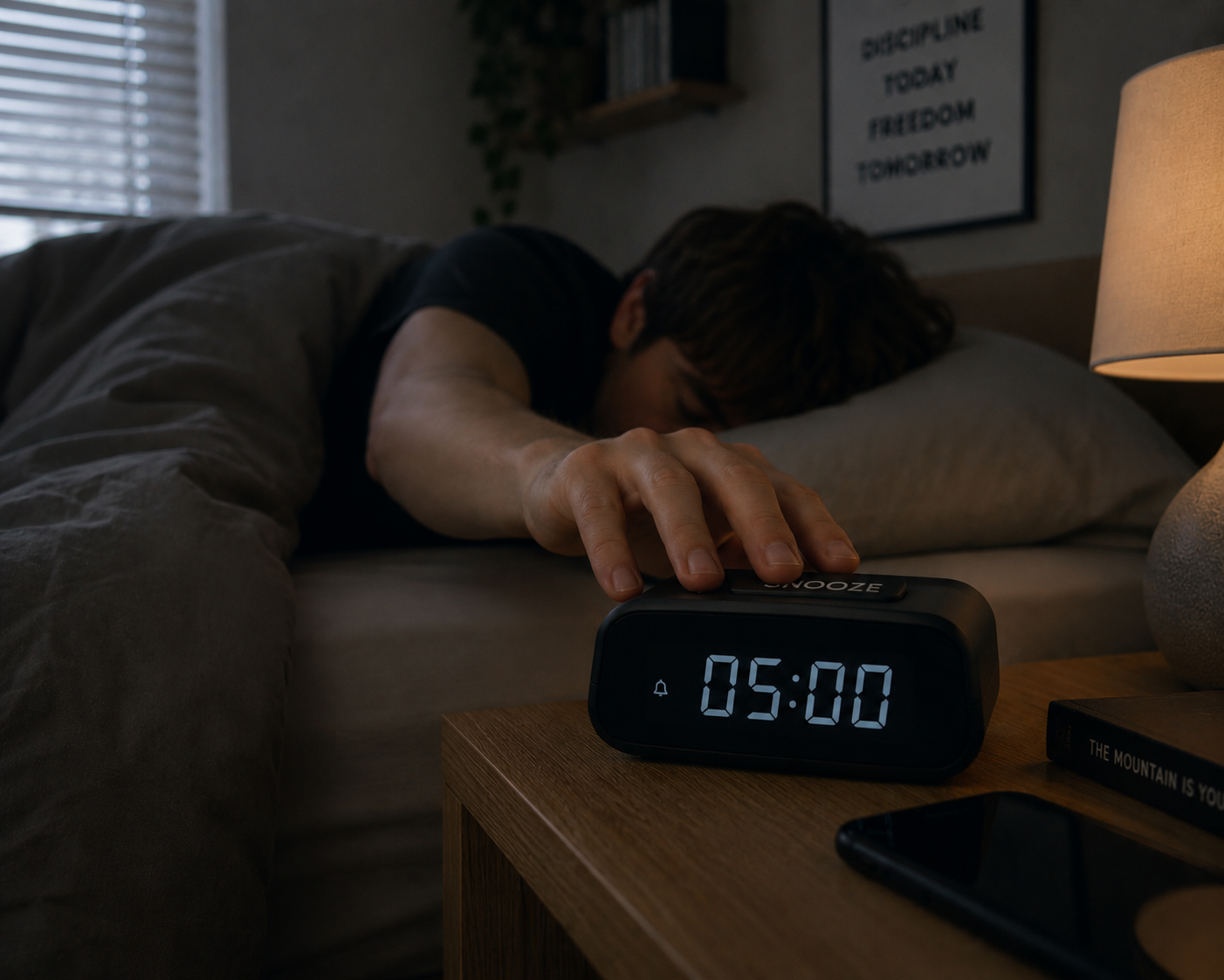 Person greift im Bett nach Wecker, Anzeige 05:00