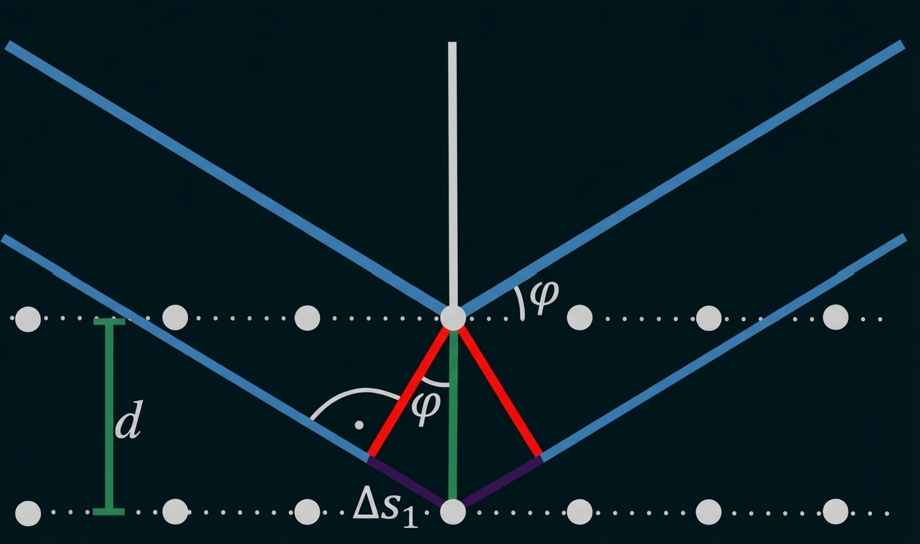 Schematische Grafik: blaue Einfall-/Reflexionslinien, rotes Dreieck, grüner Abstand d und Δs1, Winkel φ, gepunktetes Punktgitter.