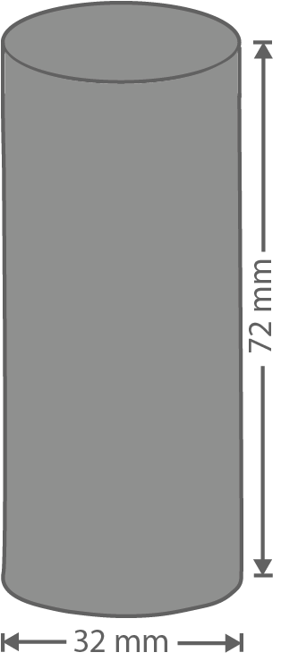 Grauer Zylinder, Höhe 72 mm, Durchmesser 32 mm.
