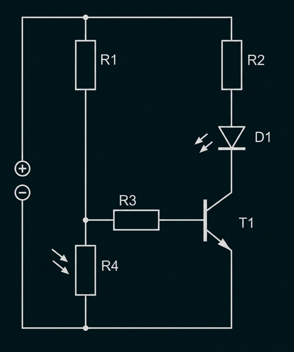 Schaltplan mit Widerständen, Transistor, LED und Lichtabhängigem Widerstand.