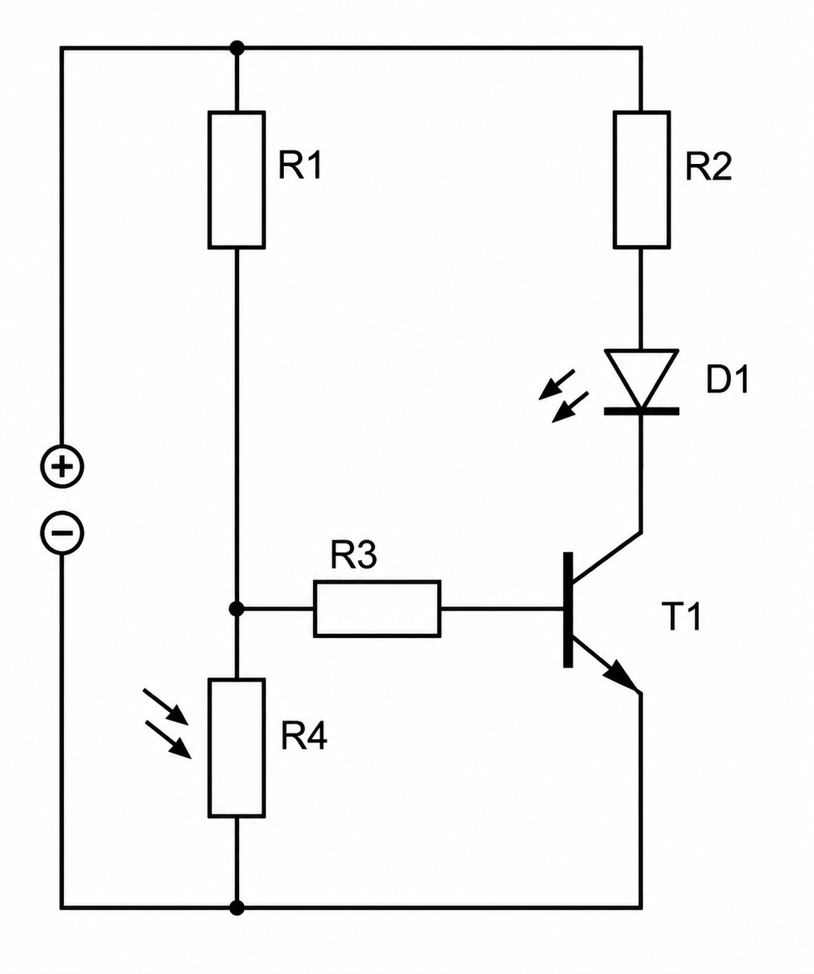 Schaltplan mit Widerständen, Transistor, LED und Lichtabhängigem Widerstand.