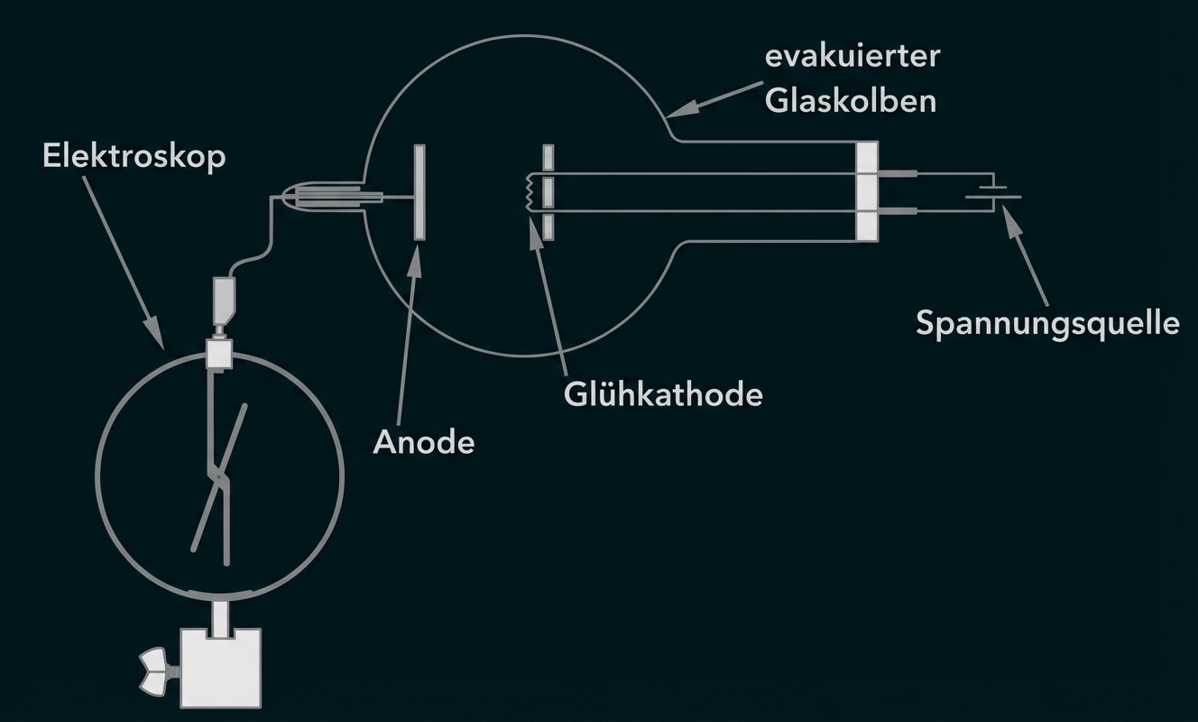 Elektroskop, dass mit einer Anode und Glühkatode verbunden ist