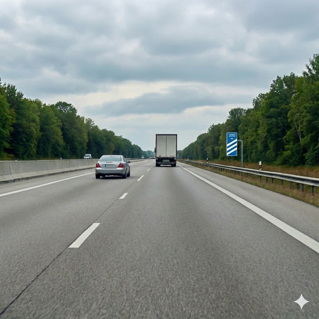 Autobahn mit Pkw und Lkw, Bäume beidseits, Leitplanke und bewölkter Himmel
