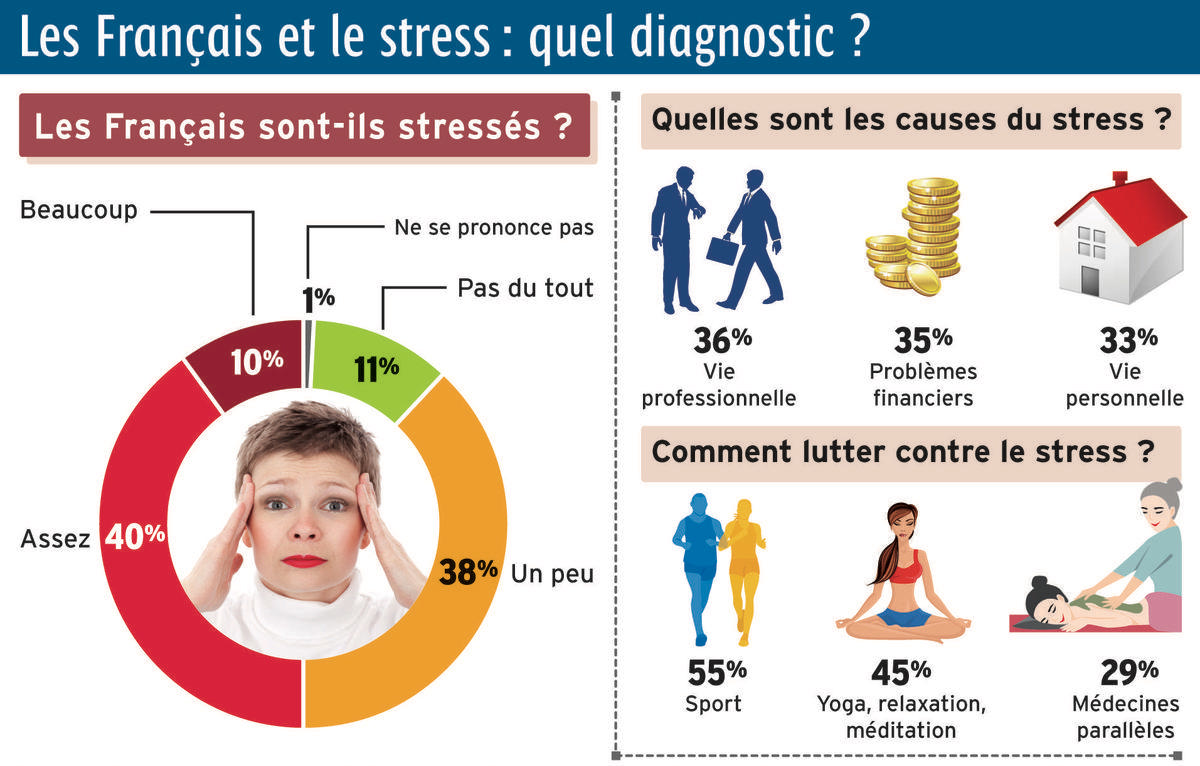 Infografik: Stress in Frankreich mit Kreisdiagramm, Ursachen (Beruf, Finanzen, Privat) und Gegenmaßnahmen (Sport, Yoga, Massage)