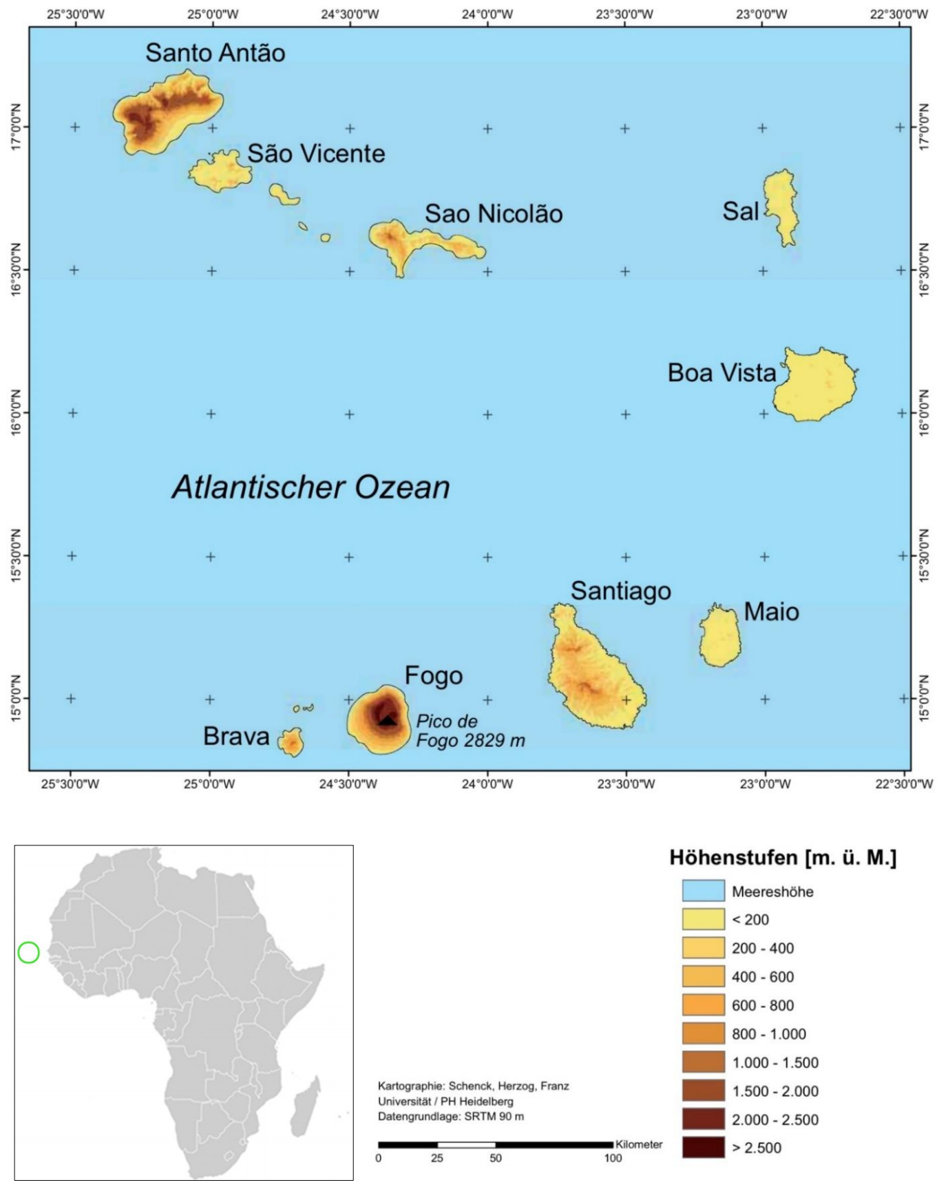 Karte der Kapverden im Atlantik mit Inselnamen, Höhenfarben und kleiner Afrika-Lagekarte