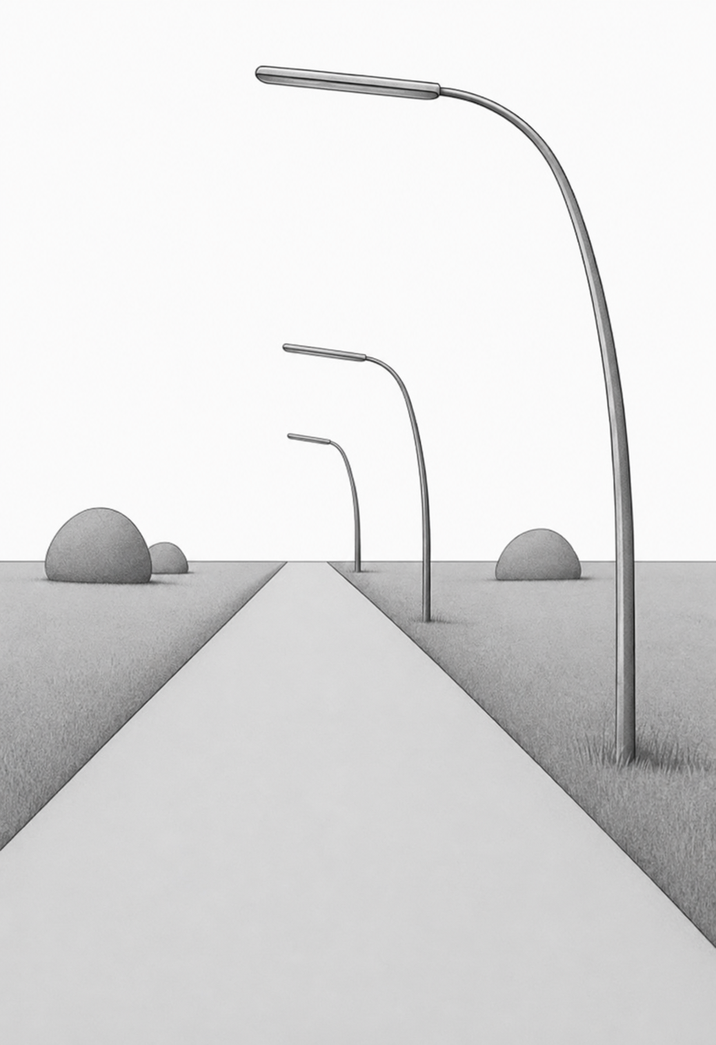 Straße mit modernen Straßenlampen in grauer Landschaft