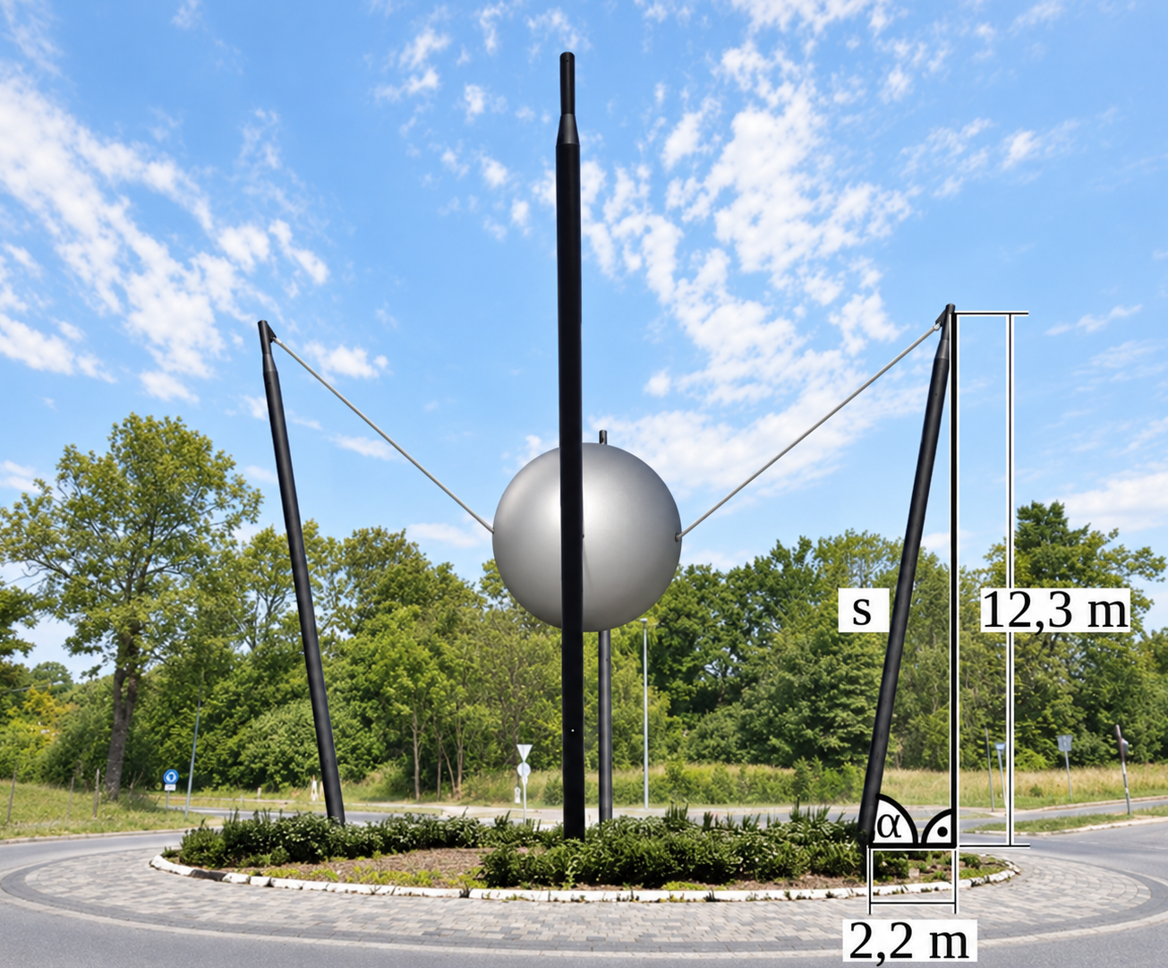 Skulptur mit Kugel, Seilen und Maßangaben an einem Kreisverkehr.