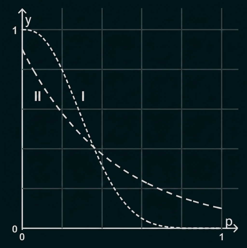 Diagramm mit zwei fallenden Kurven I und II in einem Koordinatensystem.