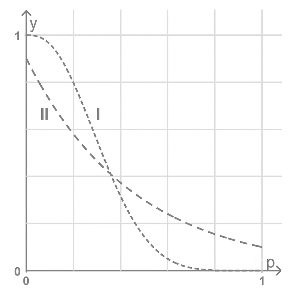 Diagramm mit zwei fallenden Kurven I und II in einem Koordinatensystem.