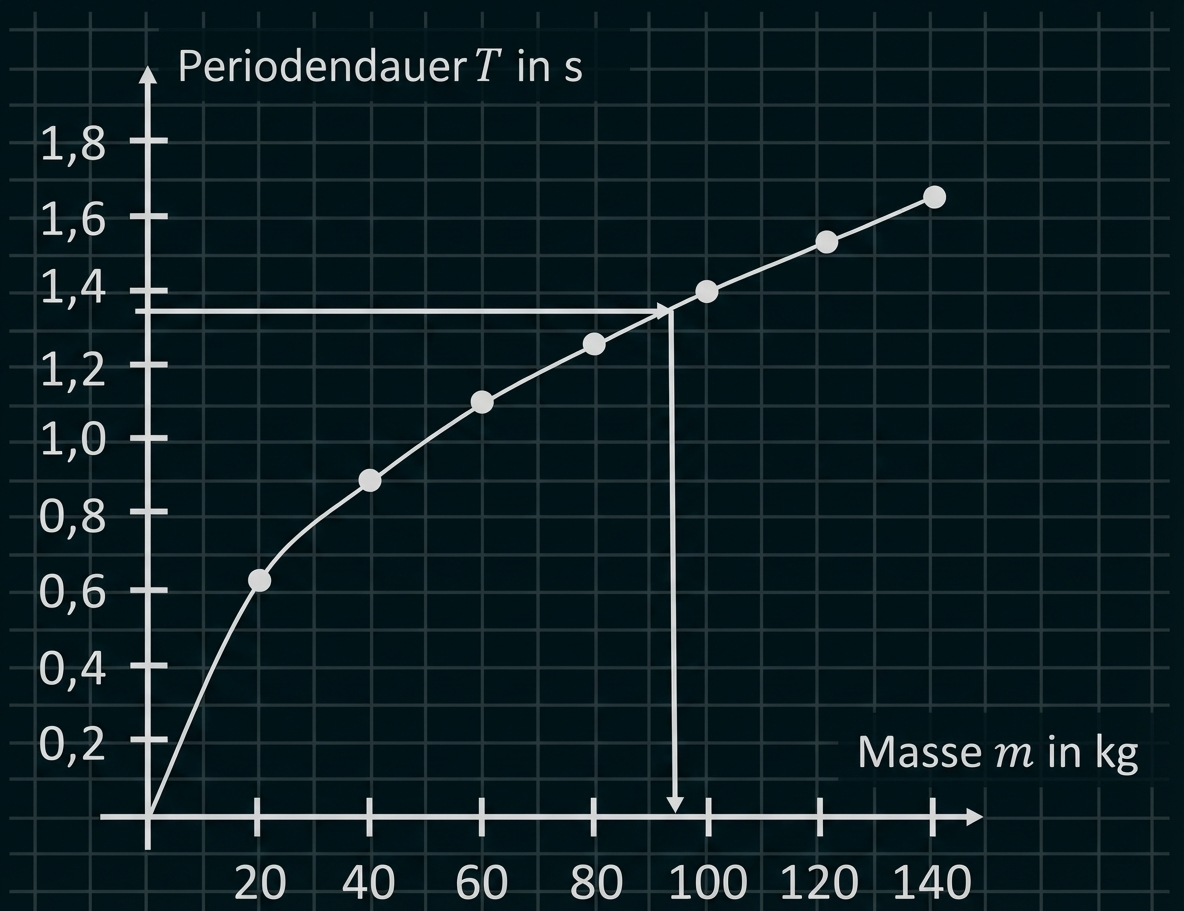 Diagramm: Periodendauer T (s) gegen Masse m (kg), aufsteigende Kurve mit Punkten und Markierungen bei ~100 kg und T≈1,35 s.