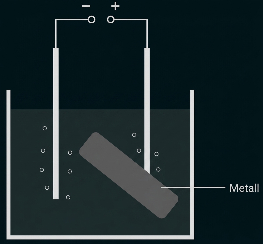 Schematische Darstellung: Elektropolieranlage, Behälter mit Flüssigkeit, Elektroden und eingetauchtem Metallstück.