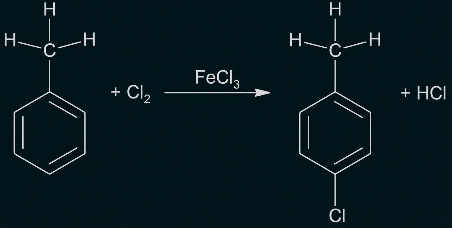 Reaktion von Toluol und Chlor mit Eisen(III)-chlorid als Katalysator zu 4-Chlortoluol und Wasserstoffchlorid