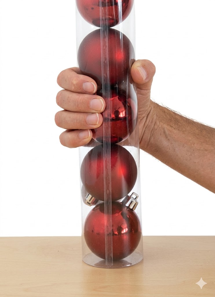 Hand hält transparente Röhre mit vier roten Weihnachtskugeln auf hellem Tisch