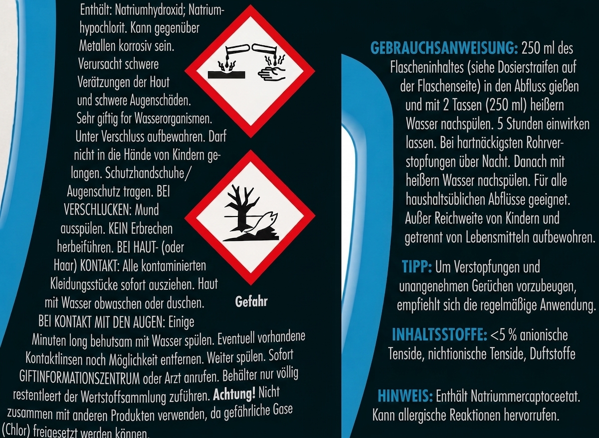 Reinigungsmittel-Etikett mit Gefahrensymbolen, Anwendungshinweis und Inhaltsstoffliste