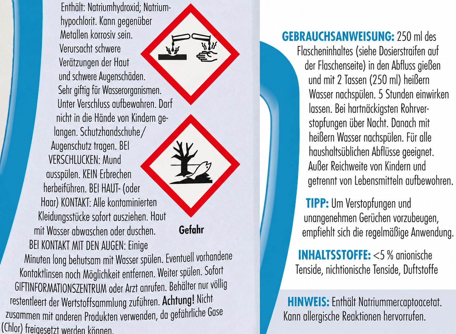 Reinigungsmittel-Etikett mit Gefahrensymbolen, Anwendungshinweis und Inhaltsstoffliste