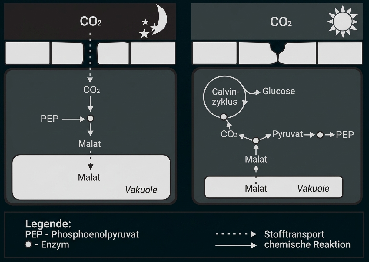 Schematische Darstellung: nachts CO2 als Malat gespeichert, tagsüber freigesetzt und im Calvin-Zyklus zu Glucose verarbeitet.