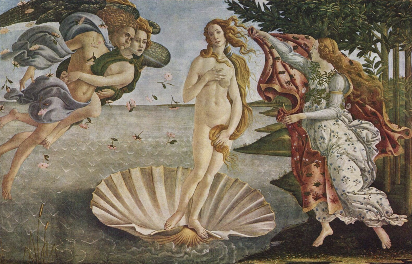 Kunstwerk mit mythologischen Figuren, einer Frau auf einer Muschel und einer weiteren Frau mit einem Umhang in einer Landschaft.