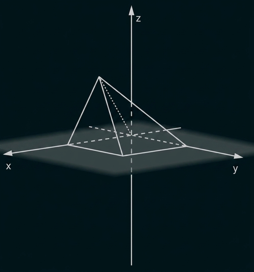Pyramide in einem 3D-Koordinatensystem mit x-, y-, z-Achsen und gestrichelten Höhen- und Diagonallinien